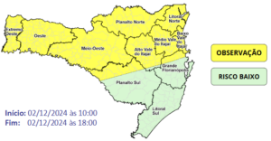 Defesa Civil alerta para risco de temporais em Santa Catarina nesta segunda-feira (2)